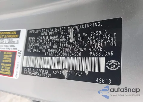 2011 Toyota Camry Le z USA, uszkodzony, nr VIN 4T1BF3EK3BU154938